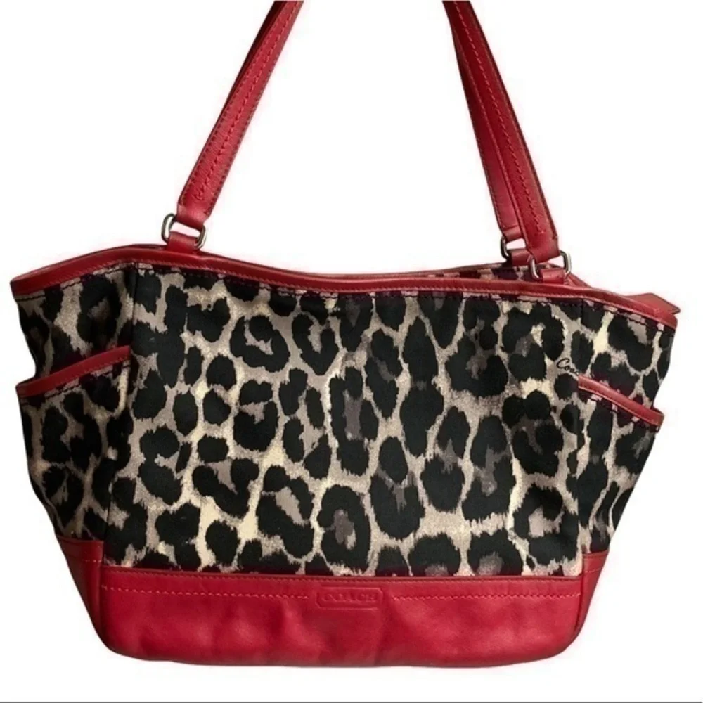 Coach Park Ocelot Print Carrie Tote Shoulder Bag Satchel 23278 red/black leather